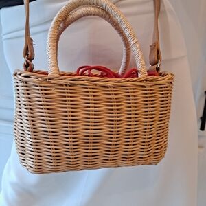 a new day Natural Woven Wicker Tote with Red Drawstring Liner and Tan Strap